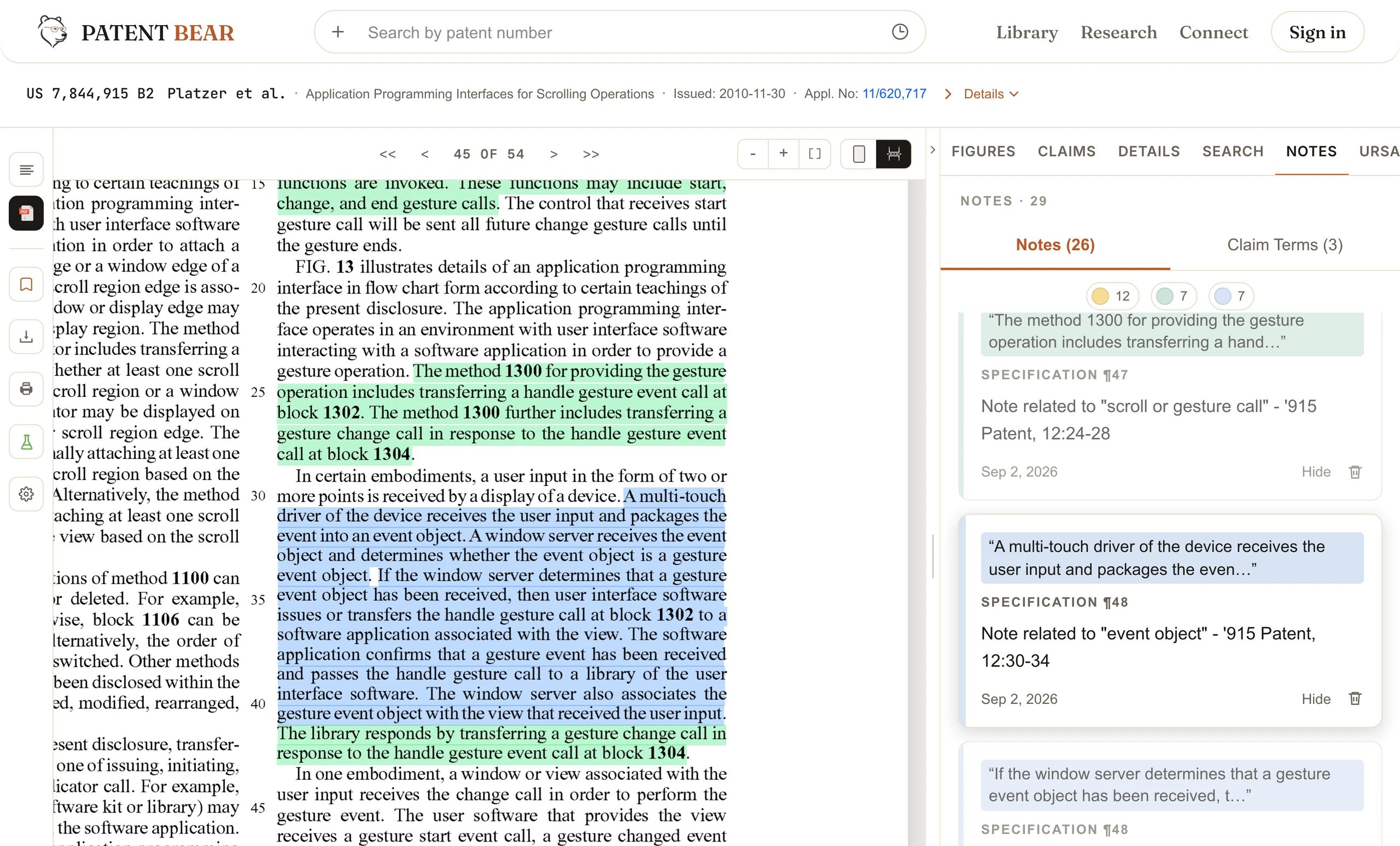 Patent Bear reader with the event object passage of US 7,844,915 highlighted at 12:30-32