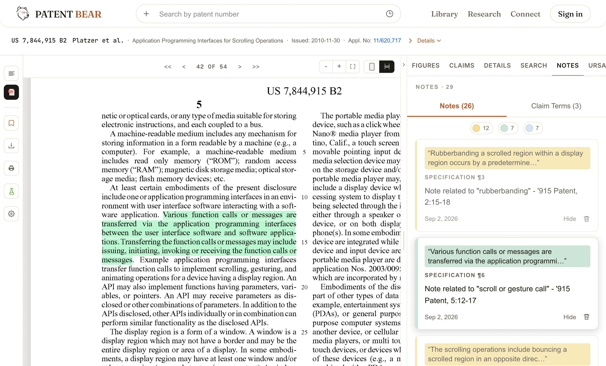 Patent Bear reader with the scroll or gesture call passage of US 7,844,915 highlighted at 5:12-15